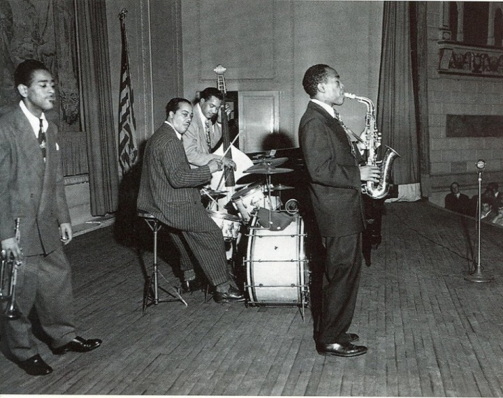 Dizzy Gillespie, Harold West, Slam Stewart and Charlie Parker performing at a Town Hall concert in NYC, circa 1945.